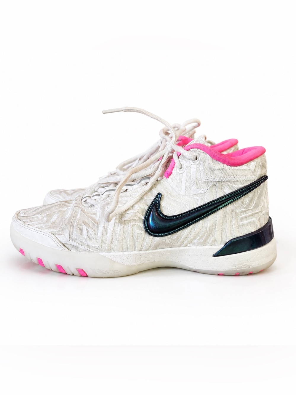 Nike White Mid-Top Sneakers with Pink Lining and Iridescent Swoosh